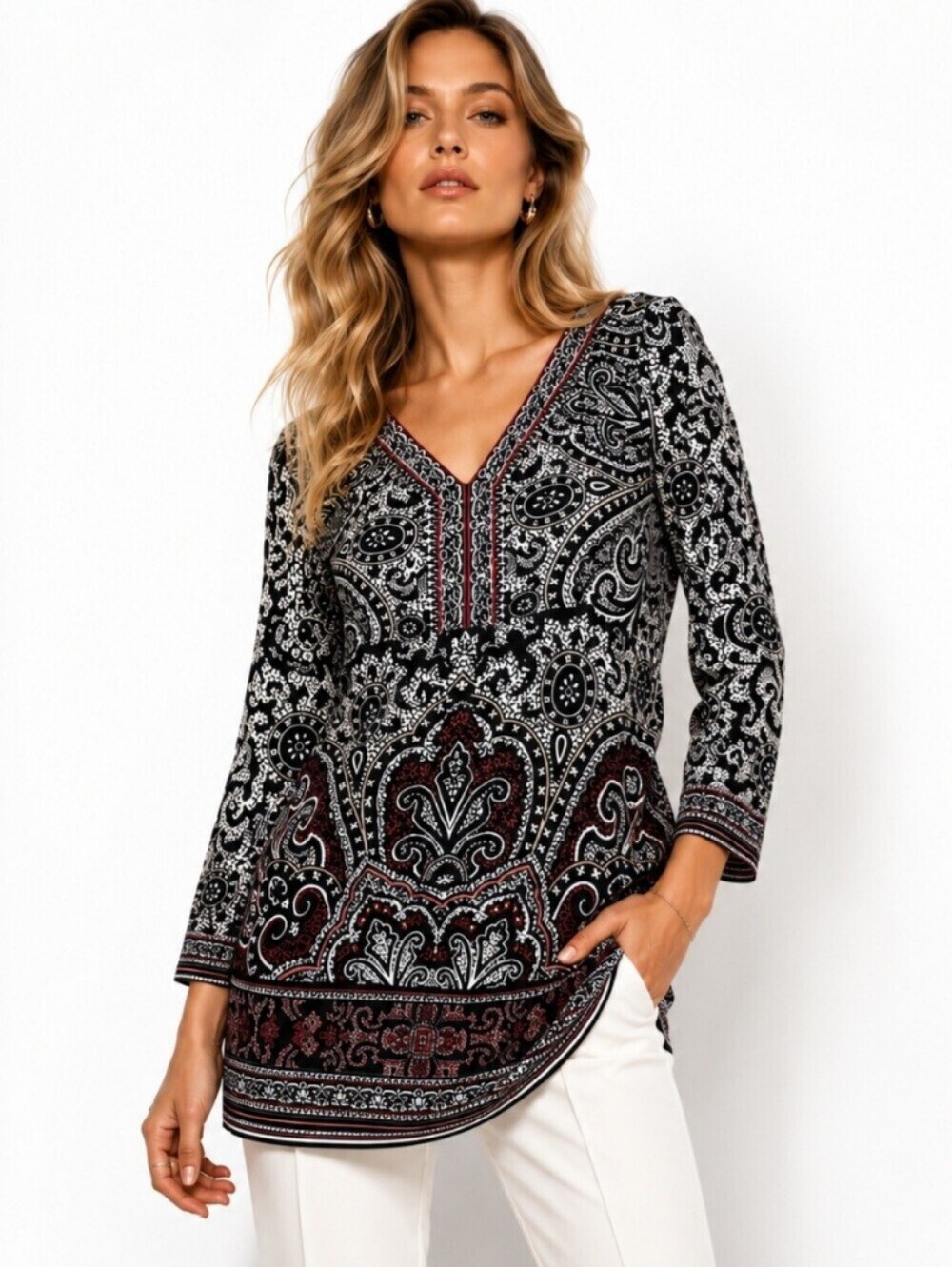 White House Black Market NWT Paisley V-Neck Tunic Blouse XS Boho